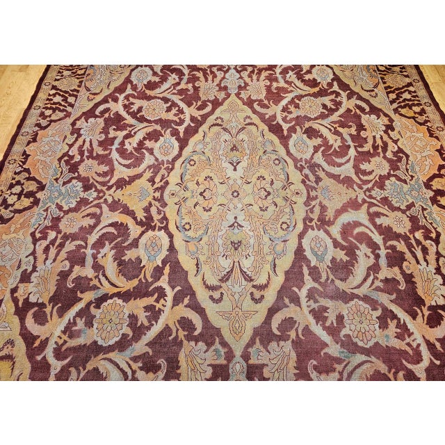 19th Century Handwoven Amritsar Rug, Handwoven Wool, Mughal Design, Burgundy & Tan, 12' X 14' For Sale - Image 13 of 18