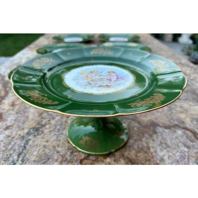 French Vintage French Hand Painted Cherubs Gold Gilt Pedestal Green Porcelain Cake Plate Stand For Sale - Image 3 of 12