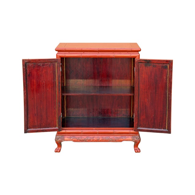 1980s Oriental Red Matte Golden Relief Carving Small Cabinet Chest For Sale - Image 5 of 13