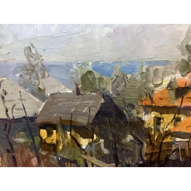 Impressionist 1970s Oil Painting Village by the River For Sale - Image 3 of 10