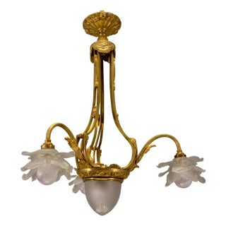 French Neoclassical Style Bronze and Frosted Glass Four-Light Chandelier, 1920 For Sale
