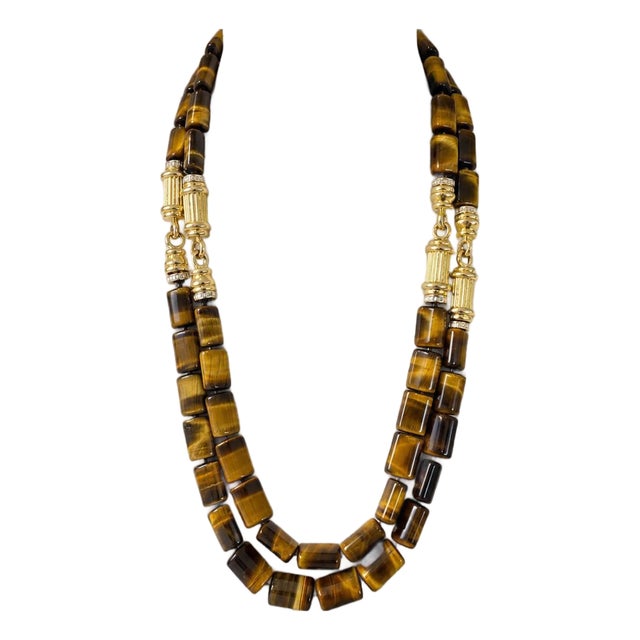 1980s Italian 14k Gold Tiger’s Eye Diamond Sautoir Necklace For Sale