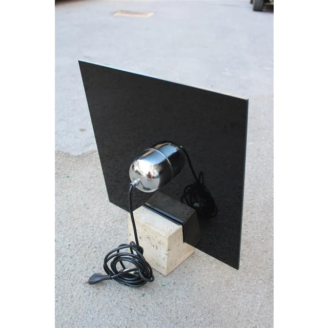 Metal Italian Pop Art Black Acrylic Glass & Steel Curved Base Cube Table Lamp in Travertine Marble from New Lamp Italy, 1970s For Sale - Image 7 of 9
