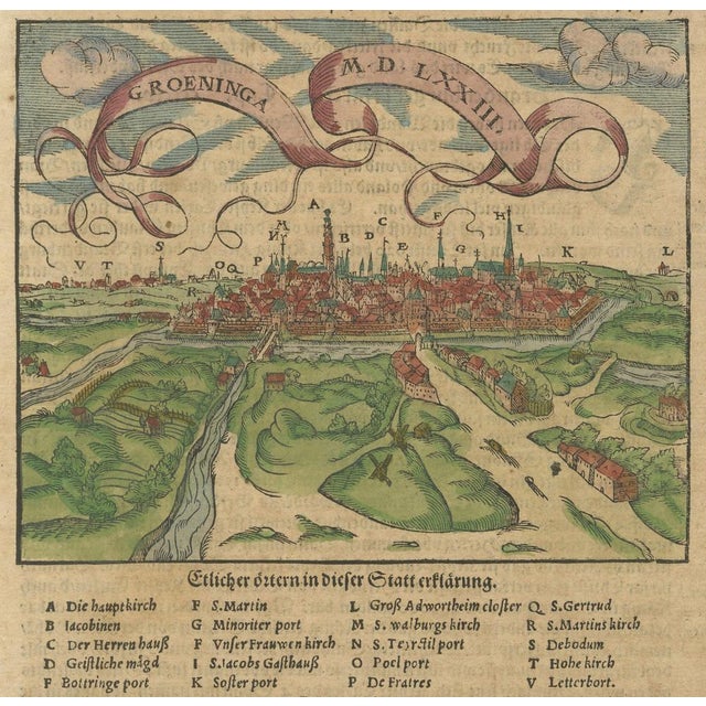 Hand-Colored Woodcut City View of Groningen 1573 from Münsters Cosmographia For Sale - Image 5 of 10