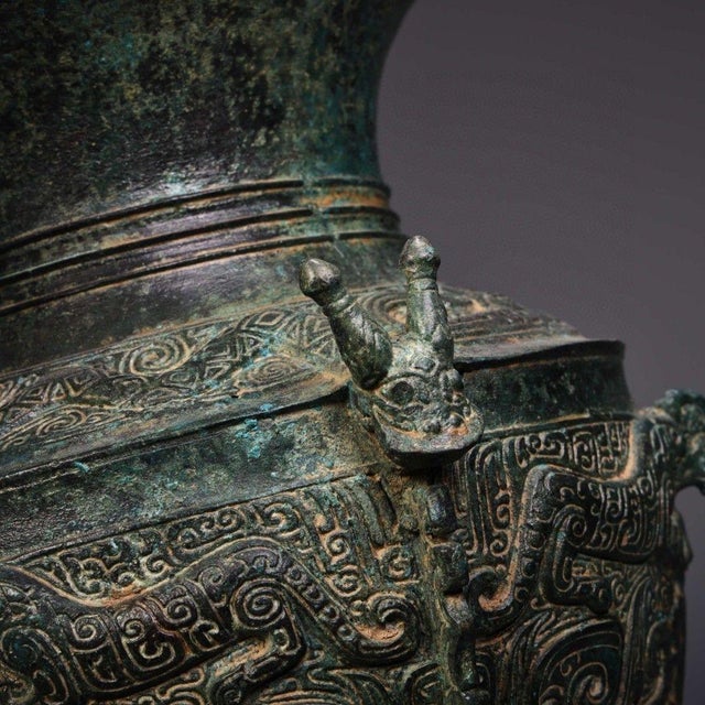 Vintage Bronze Vessel With Taotie & Serpent Motifs – Archaic Style Round Jar / Zun For Sale - Image 10 of 10