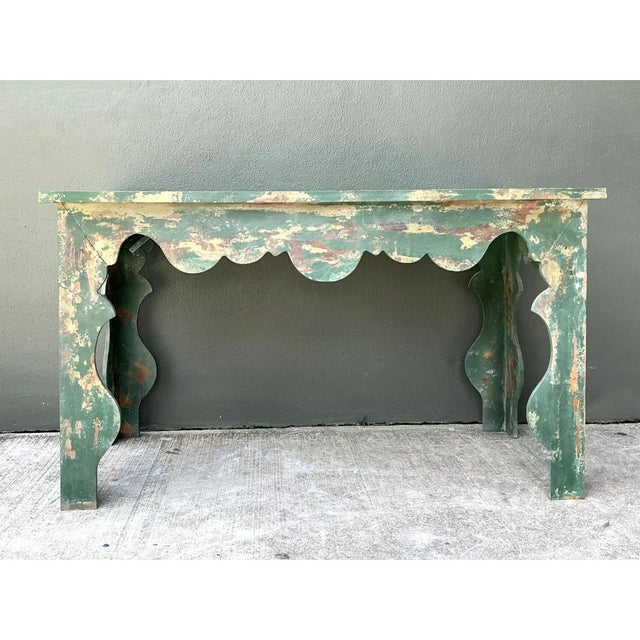 Mid-Century Modern Vintage Distressed Scalloped Green Wood Table For Sale - Image 3 of 14