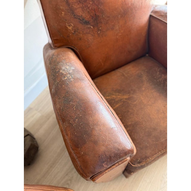French Pair of Two Vintage Oversized French Leather Club Chairs For Sale - Image 3 of 18
