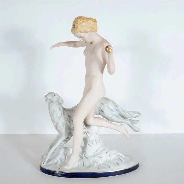Czech Art Deco Hand Painted Porcelain Figurine of Nude Lady With Greyhound For Sale - Image 4 of 10