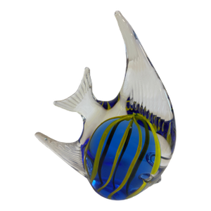 Vintage Blown Art Glass Fish Sculpture – Blue & Yellow Striped