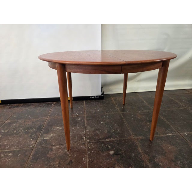 Mid- Century Danish Modern Teak Dining Table Round Opens Oval 105 Inches With 3 Leaves For Sale - Image 4 of 18