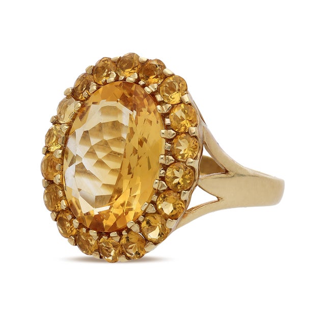 Contemporary 1990s 11 Carat Oval Citrine & Round Citrine Halo 14k Yellow Gold Vintage Cocktail Ring, Size 9.75 For Sale - Image 3 of 7