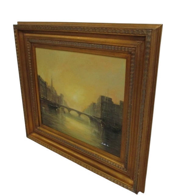 1980s Gold Gilt Carved Venice Water Way Bridge Framed Oil Painting For Sale - Image 4 of 9