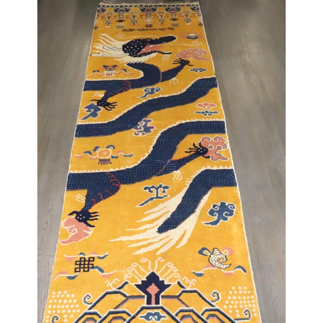 Traditional Yellow Tibetan Vintage Dragon Pillar Runner - 4'5" x 17' For Sale - Image 3 of 14