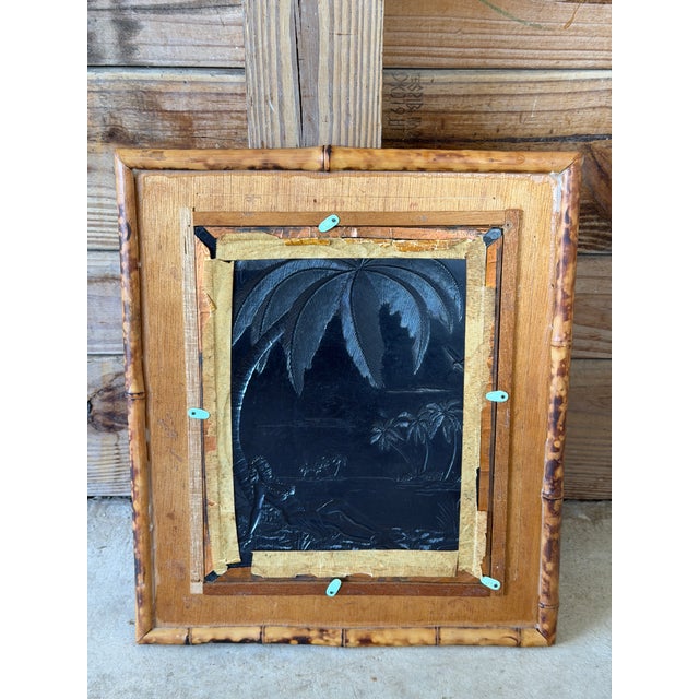 Vintage Hawaiian Tiki Copper Relief in Tortoise Bamboo Frame With Woven Rattan Mat For Sale - Image 11 of 12