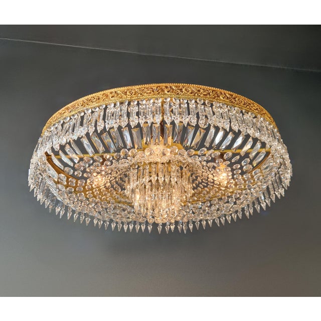 Art Deco Antique Oval Flush Mount Chandelier Brass Crystal Ceiling Light Restored Gold For Sale - Image 3 of 10