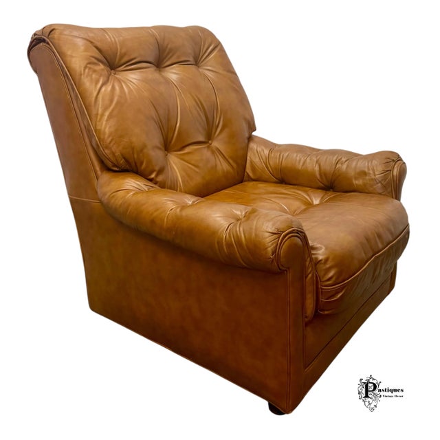Vintage Classic Leather Traditional Style Tufted Top Grain Leather Club Chair & Ottoman For Sale - Image 4 of 12