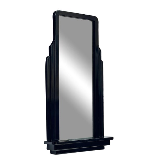Karl Springer Art Deco Black Lacquered Entryway Mirror With 6” Shelf For Sale - Image 4 of 5