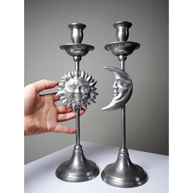 Mid-Century Modern Vintage Sun and Moon Candlesticks in Silver-Plated Pewter, 1960s, Set of 2 For Sale - Image 3 of 14