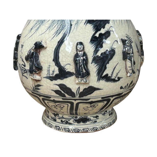 1980s Oriental Cream White Color Blue Eight Immortal Theme Porcelain Vase Art For Sale - Image 5 of 17