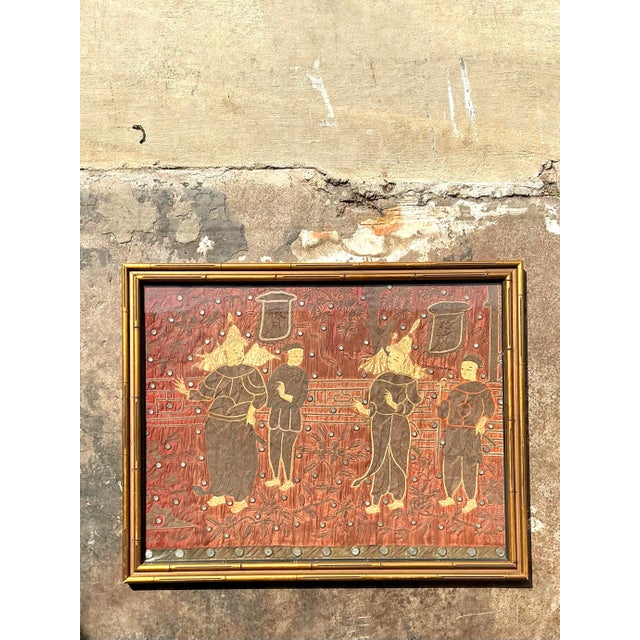Brick Red Vintage Asian Original Embroidered Silk Figurative For Sale - Image 8 of 12