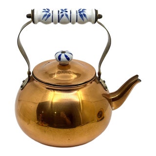 1970s Copper Tea Kettle With Delft Style Ceramic Handle For Sale