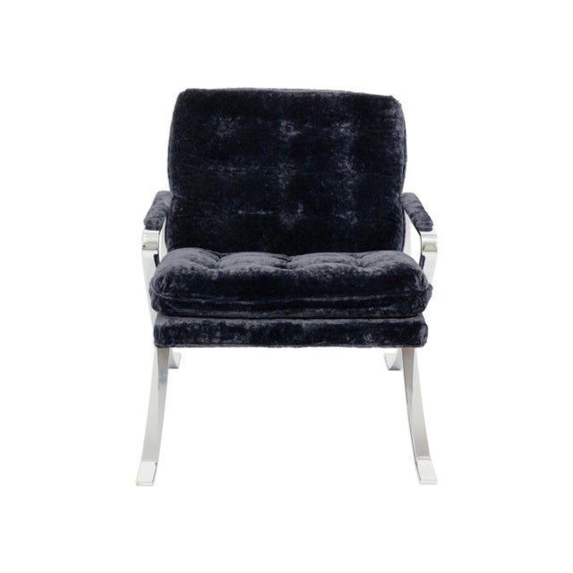 Modern 1970s Bernhardt Flair Flat Bar Chrome and Crushed Velvet Armchair For Sale - Image 3 of 8