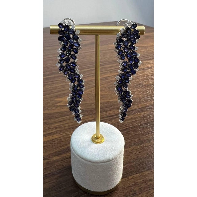 Blue Sapphire Cascade Wave Diamonds 18k White Gold Statement Fancy Earrings, A Pair For Sale In Washington DC - Image 6 of 12