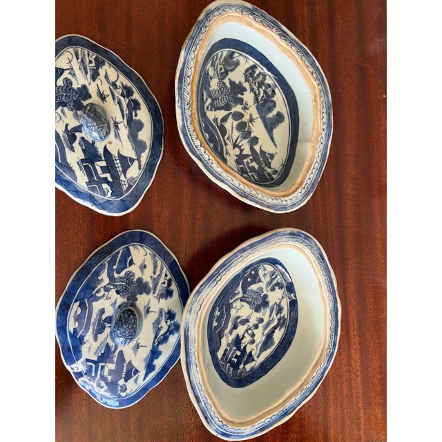 Antique Chinese Export-Style Canton Blue & White Covered Dishes- a Pair For Sale In Boston - Image 6 of 8