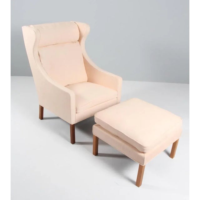 Børge Mogensen wingback chair with ottoman new upholstered with vegetable nature leather. Legs in teak. Model 2204 + 2292,...