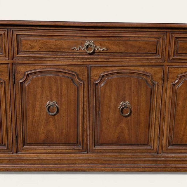 Henredon 1970s Credenza – Traditional Walnut Sideboard With Brass Pulls & Adjustable Shelving, 66” Vintage Cabinet For Sale - Image 18 of 18