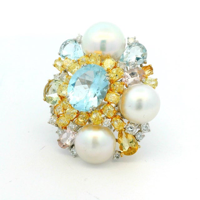 Contemporary 1980s 18k White Gold Aquamarine Multi-Gem Pearl Diamond Cluster Cocktail Ring, Size 6.75 For Sale - Image 3 of 10
