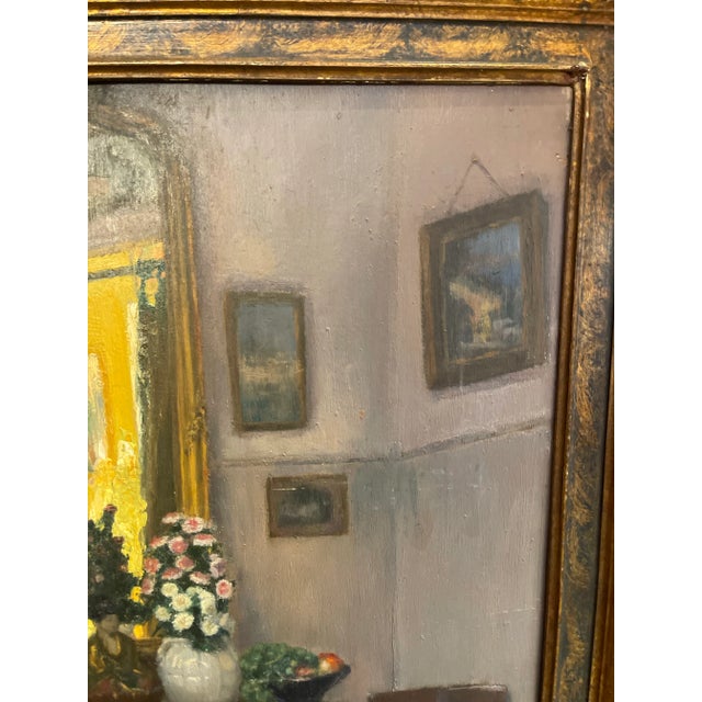Light Yellow 1930s Painting Scene "Parisian Interior" Signed Martin-Sauvaigo, France Oil Painting on Wood Panel For Sale - Image 8 of 12