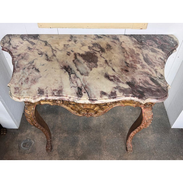Gold 18th Century Italian Giltwood Console With Shaped Marble Top For Sale - Image 8 of 13