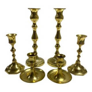 Vintage Graduated Brass Candlestick Set of 6 – Hollywood Regency Table Candle Holders For Sale
