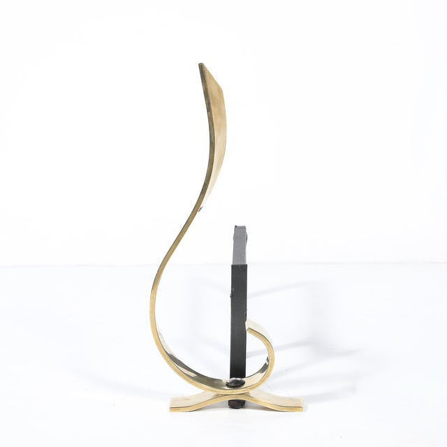 1950s Pair of Mid-Century Curvilinear Polished Brass Andirons With Gunmetal Fittings For Sale - Image 5 of 11