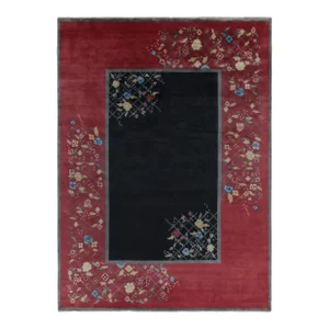 Rug & Kilim Chinese Style Art Deco Rug in Black & Red with Colorful Florals - 4'x6'