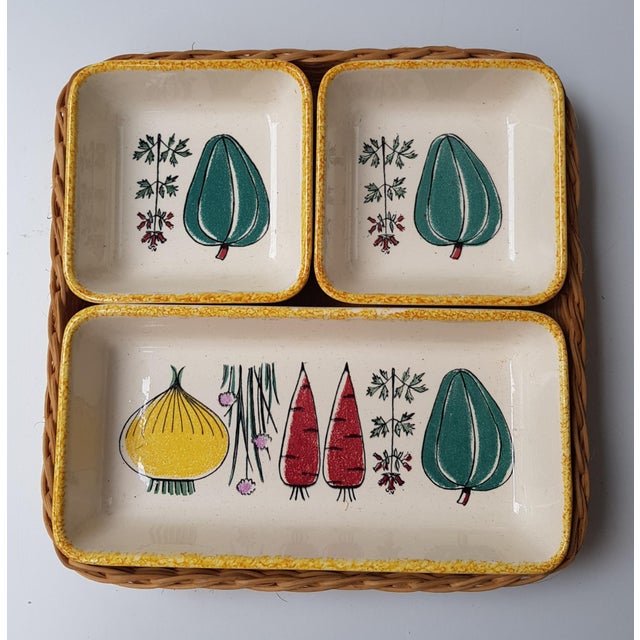 Pickles and Snack Ceramic Serving Bowls in Wicker Basket from Waechtersbach, 1950s, in Very Good conditions. Designed 1950...