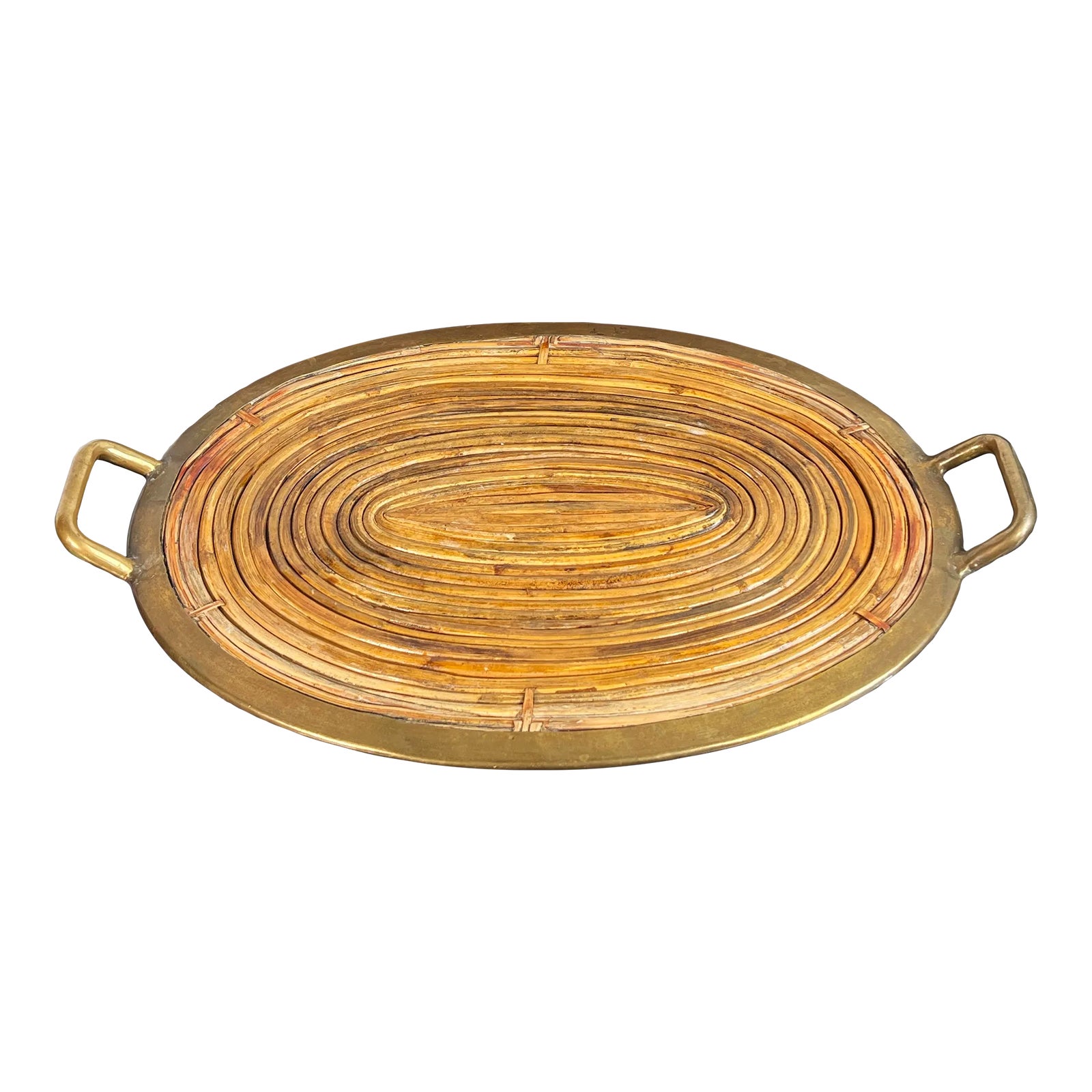 Vintage Rattan & Brass Serving Cocktail Tray in the Manner of Gabriella Crespi