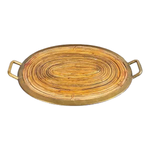 Vintage Rattan & Brass Serving Cocktail Tray in the Manner of Gabriella Crespi