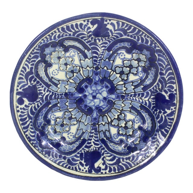Vintage Ysauro Uriarte Puebla Talavera Mexican Folk Art Majolica Pottery Plate Blue and White Hallmark For Sale