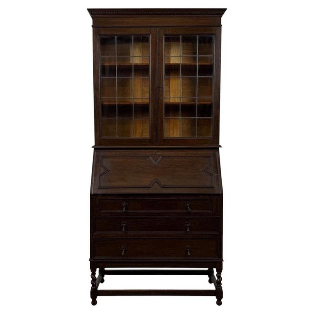 2000 - 2009 20th Century Jacobean Oak Bureau Bookcase For Sale - Image 5 of 15