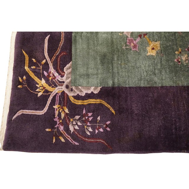 Green 1920s Green Floral Modern Antique Hand Knotted Pile Wool Chinese Art Deco Carpet 7'11" X 9' 4" Rug For Sale - Image 8 of 11