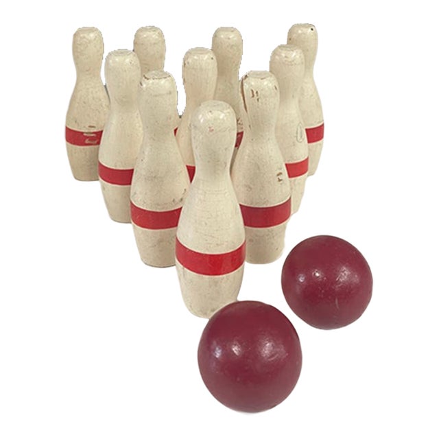 Antique Hand Painted Bowling Game Skittles Set For Sale