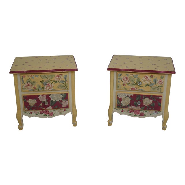 Pair Floral Hand Paint Decorated Nightstands For Sale
