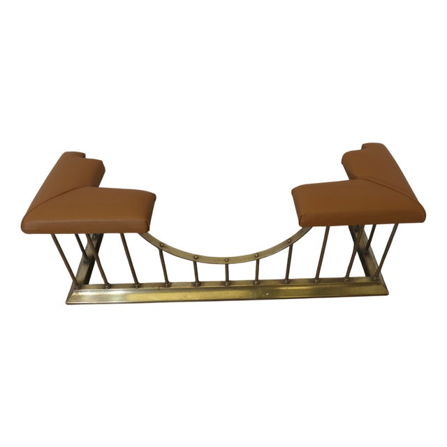 Leather Upholstered Brass Club Fender For Sale