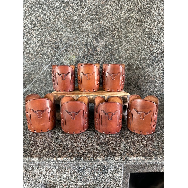 Vintage Western Style Leather Sleeves for Drinks Glasses/ Bottles Featuring Steers -Set of 7 For Sale - Image 16 of 17