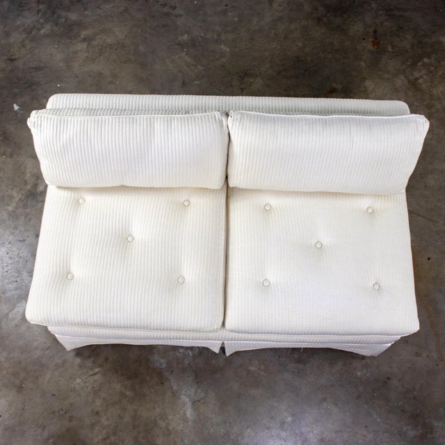 Late 20th Century MCM to Modern Slipper Style Loveseat or Armless Sofa Off White Textured Stripe Upholstery For Sale - Image 11 of 18