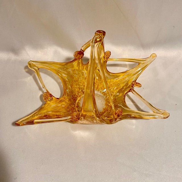 Mid-Century Modern Vintage Murano Amber With Gold Fleck Decorative Art Glass Basket Bowl For Sale - Image 3 of 7