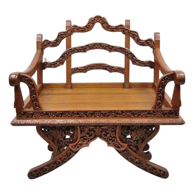 Vintage Chinoiserie Carved Teak Wood Howdah Elephant Saddle Accent Chair For Sale