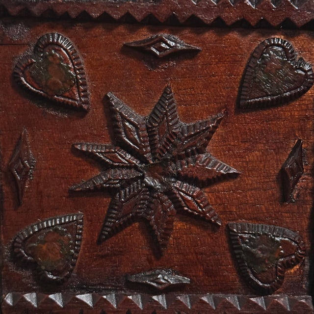 Antique Chip Carved Tramp Art Tabletop Dresser With Decoupage and Mirror For Sale - Image 9 of 12